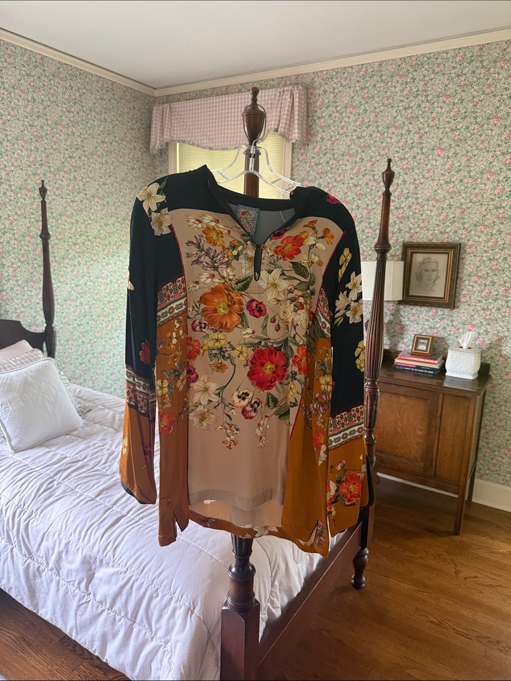Johnny Was Floral Blouse in Black, Cream & Coral